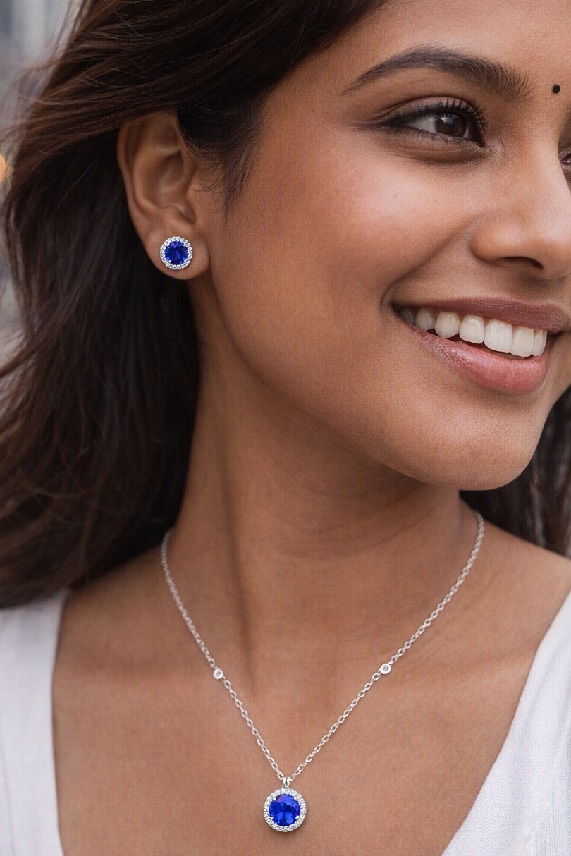 Celestia Halo Pendant Set – Tanzanite Blue